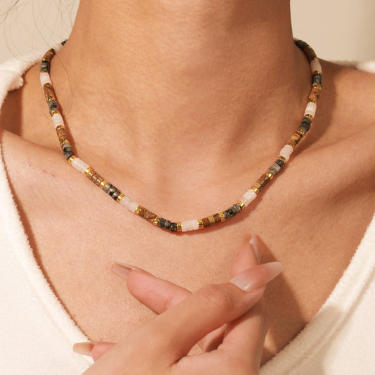 Bohemian Minimalist Round Geometric Wood Bead Necklace with Cubic Zirconia Pendant Ball Chain Unisex Jewelry