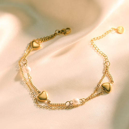 Bracciale Geometrico Minimalista a Doppio Strato in Acciaio al Titanio con Ciondoli a Cuore e Stella Placcati Oro da Donna