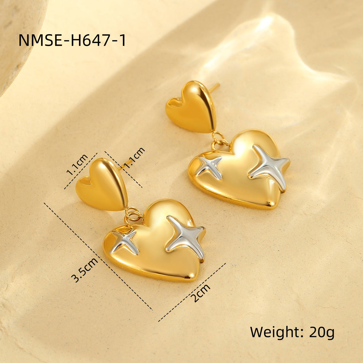 Pendientes colgantes geométricos de corazón chapados en oro de 18 quilates estilo vintage para mujer