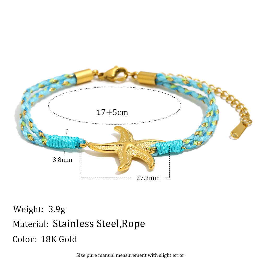Bracciale Minimalista con Ciondolo a Stella Marina e Sole in Acciaio Inossidabile Placcato Oro 18K con Cordino Intrecciato