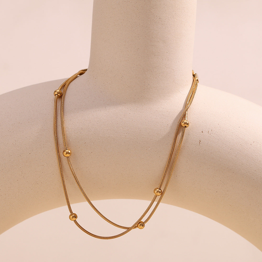 Minimalist Geometric Stainless Steel Plated 18K Gold Double Bead Snake Chain Anklet for Women