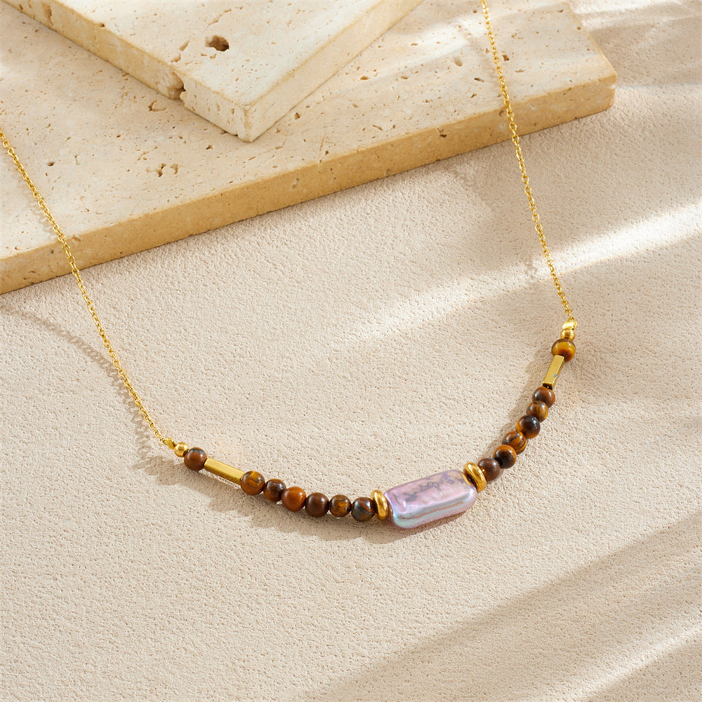 Elegant Gold Plated Stainless Steel Necklace with Agate and Pearl Beads