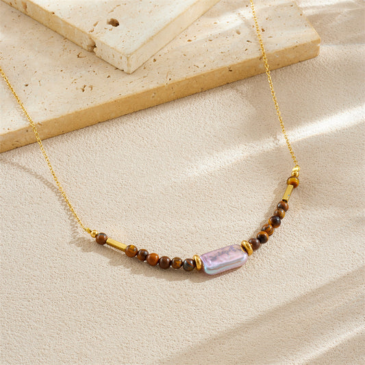 Elegant Gold Plated Stainless Steel Necklace with Agate and Pearl Beads
