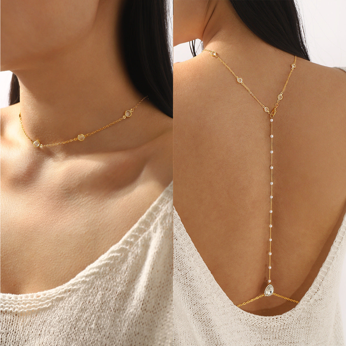 Catena per il corpo da donna minimalista geometrica a goccia con intarsi di strass e finitura in ferro placcato