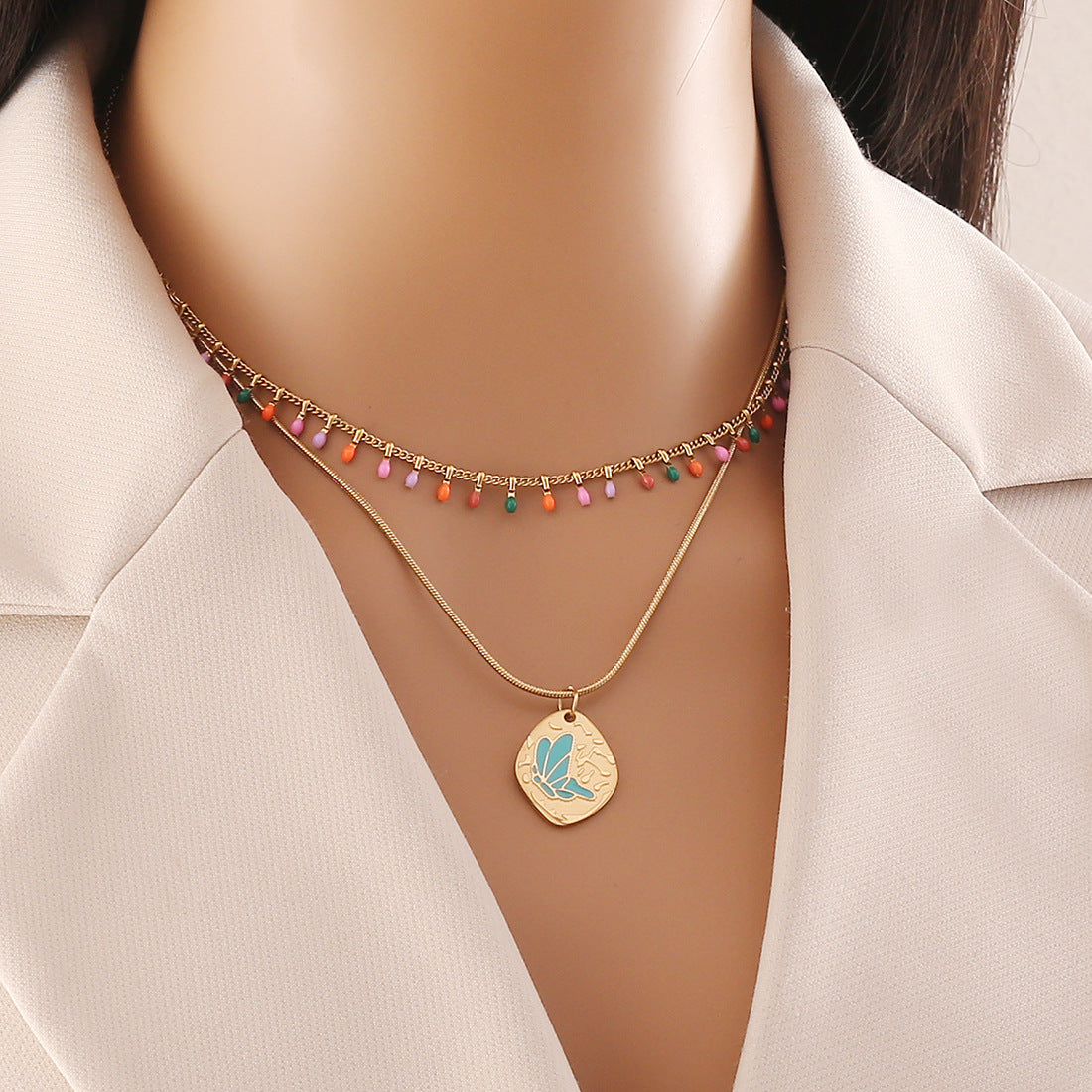 Fashionable Geometric Stainless Steel Double-Layer O-Chain Necklace with Enamel-Drop Pendant for Women