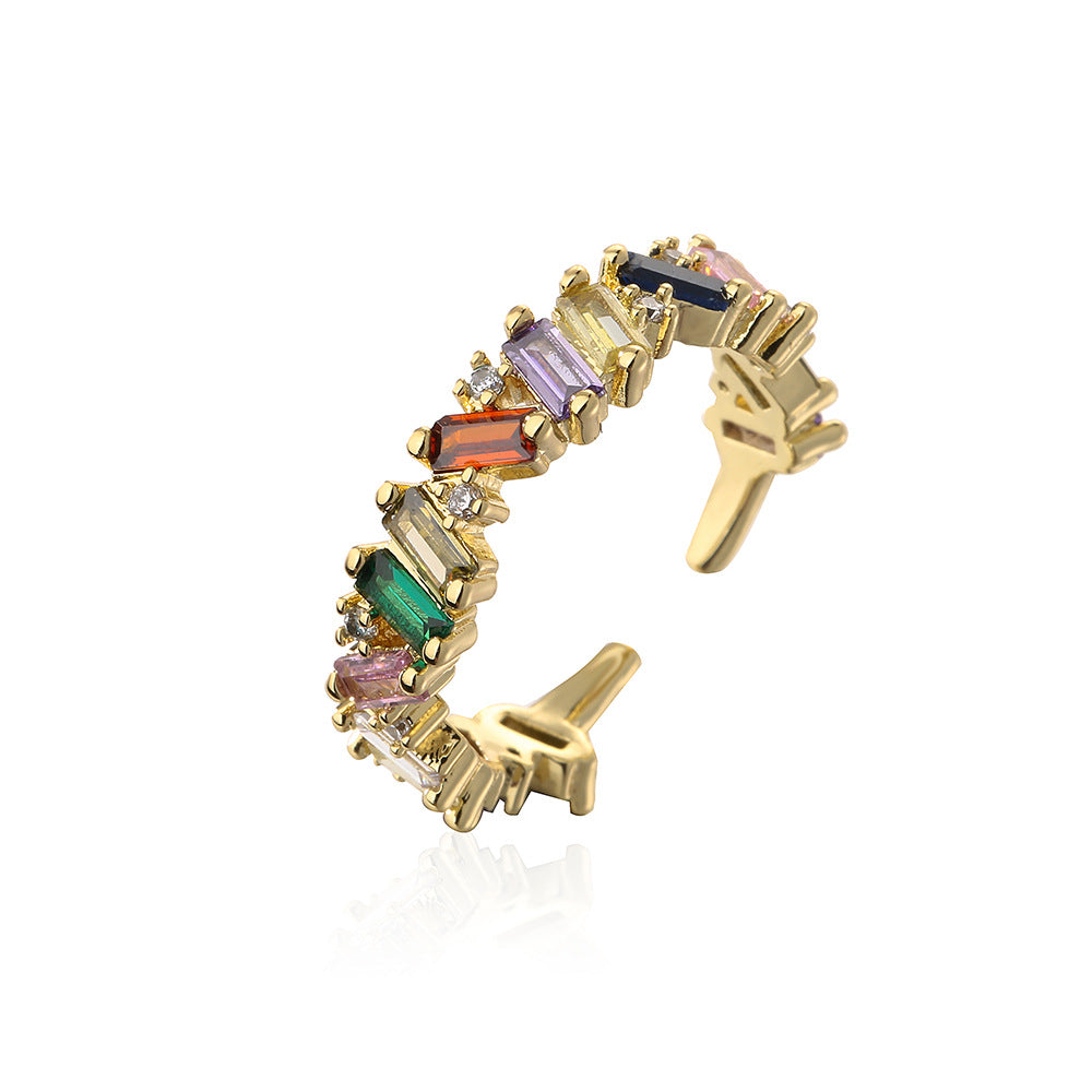 Geometric Open Ring in Copper with 18K Gold Plating and Rainbow Zircon Inlay for Women