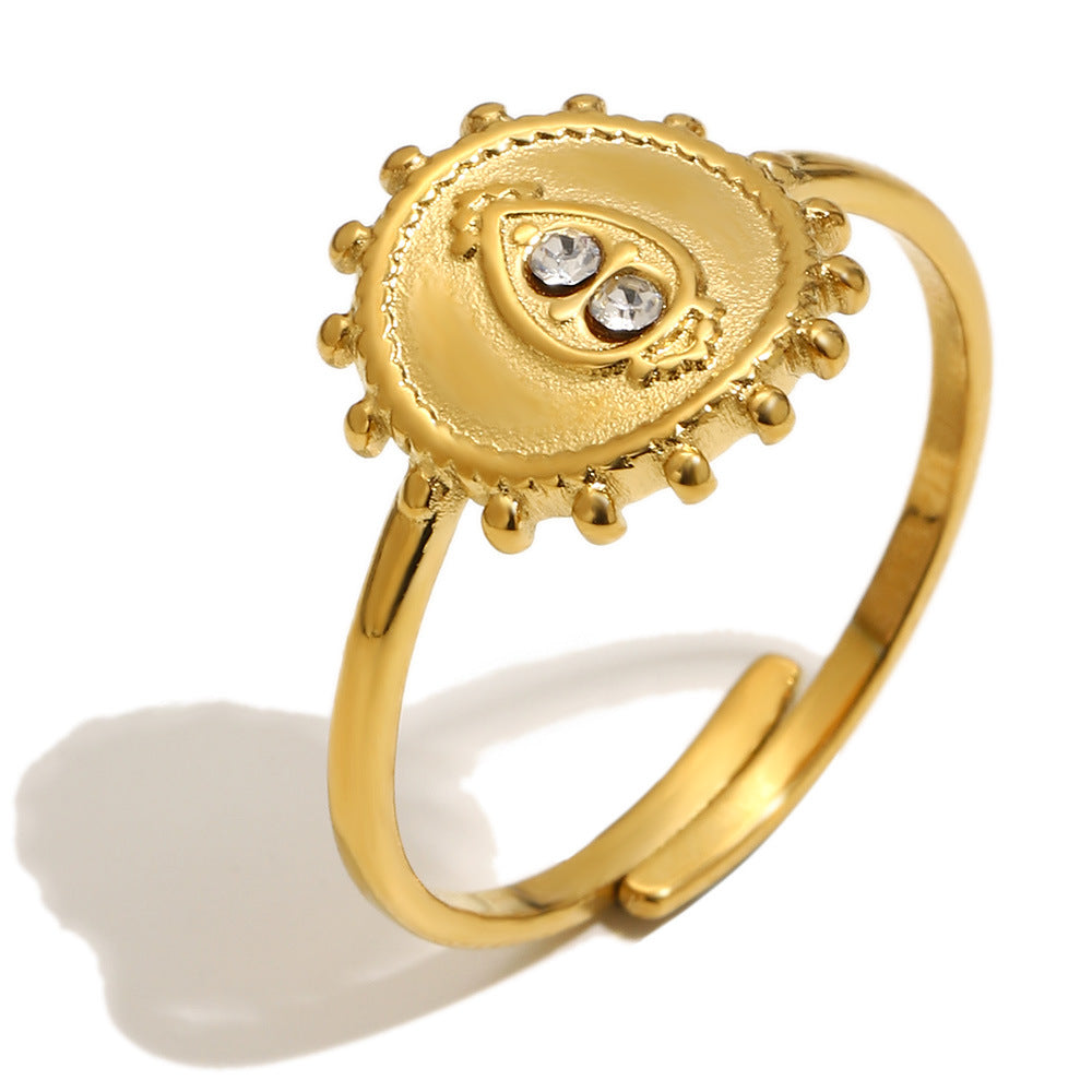 Elegant Luxury 18K Gold Plated Stainless Steel Round Geometric Rhinestone Open Ring for Women