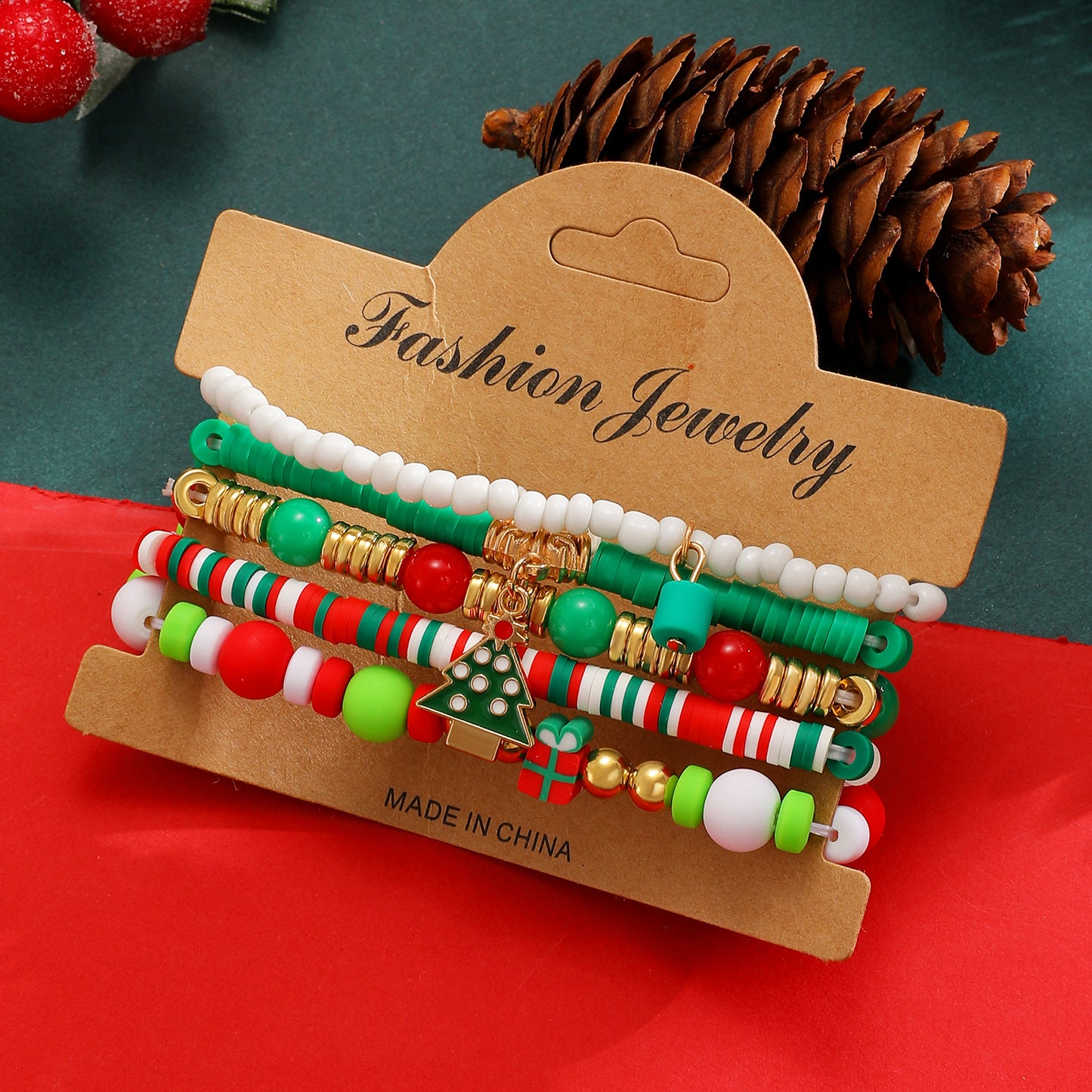 Set di Bracciali Personalizzati a Tema Natalizio con Ciondoli a Forma di Fiocco di Neve, Babbo Natale, Renna e Albero per Donna