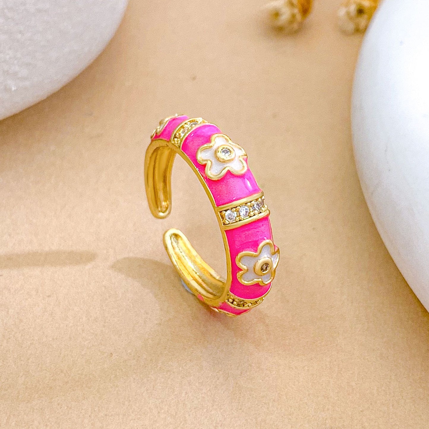 Sweet Floral Enamel Drip Oil Brass Ring with Cubic Zirconia Inlay 18K Gold Plated Adjustable for Women