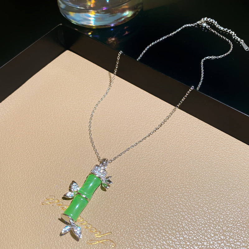 Minimalist Sweet Sporty Full Cubic Zirconia Bamboo Heart Titanium Steel Plated Necklace with Brass Pendant Cable Chain Unisex