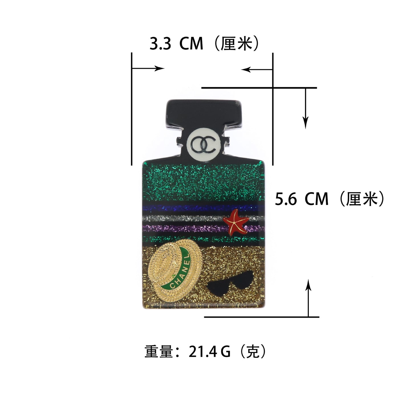 Spilla unica in acrilico geometrico a forma di bottiglia di profumo con intarsio di perle e strass