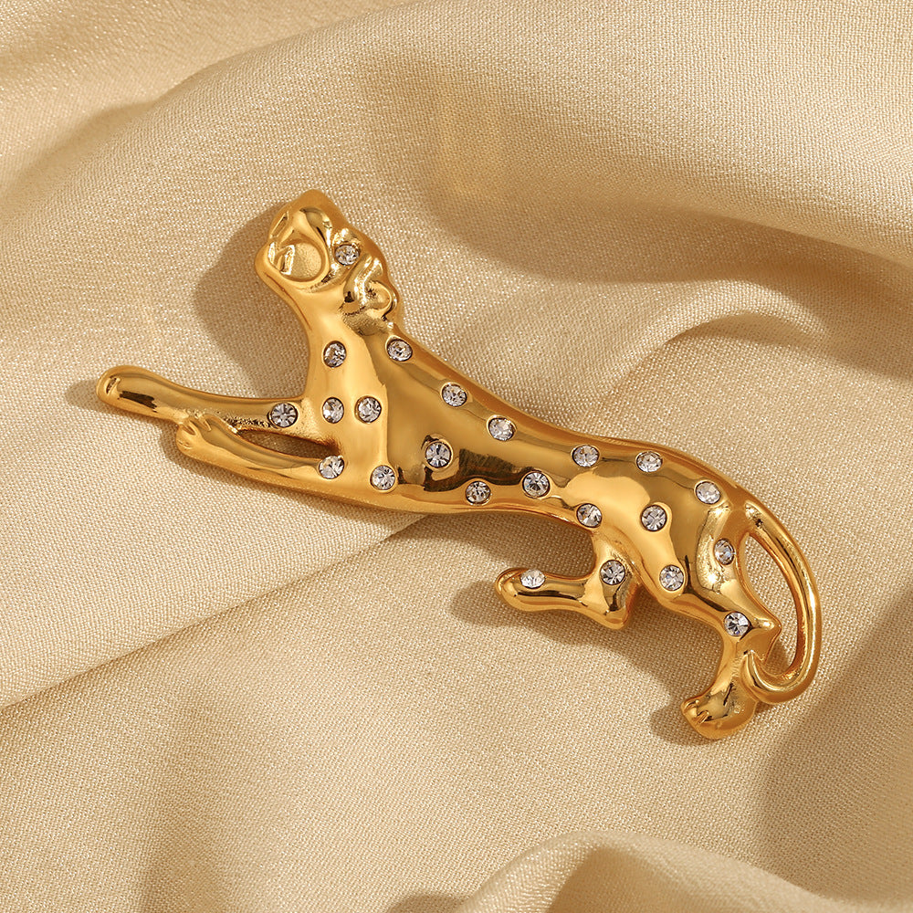 Spilla Minimalista a Leopardo da Donna in Acciaio Inossidabile con Placcatura in Oro 18K e Intarsio Completo di Strass