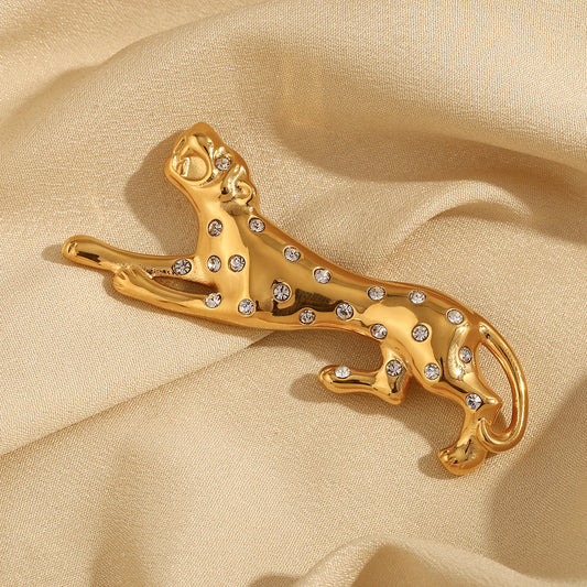 Minimalist Leopard Brooch for Women Stainless Steel with 18K Gold Plating and Full Rhinestone Inlay