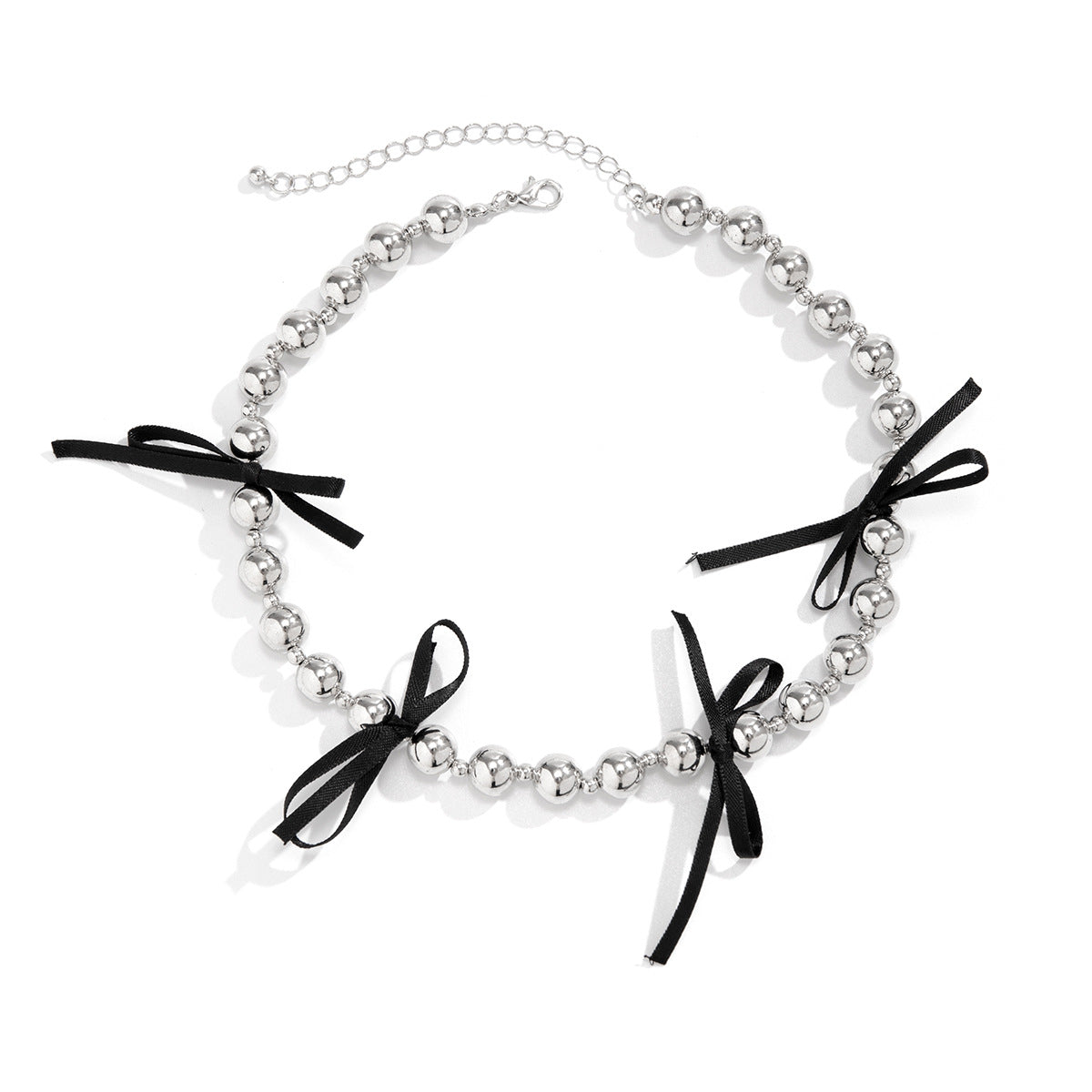 Sweet Geometric Bowknot Alloy Pendant Resin Beaded Ball Chain Necklace for Women
