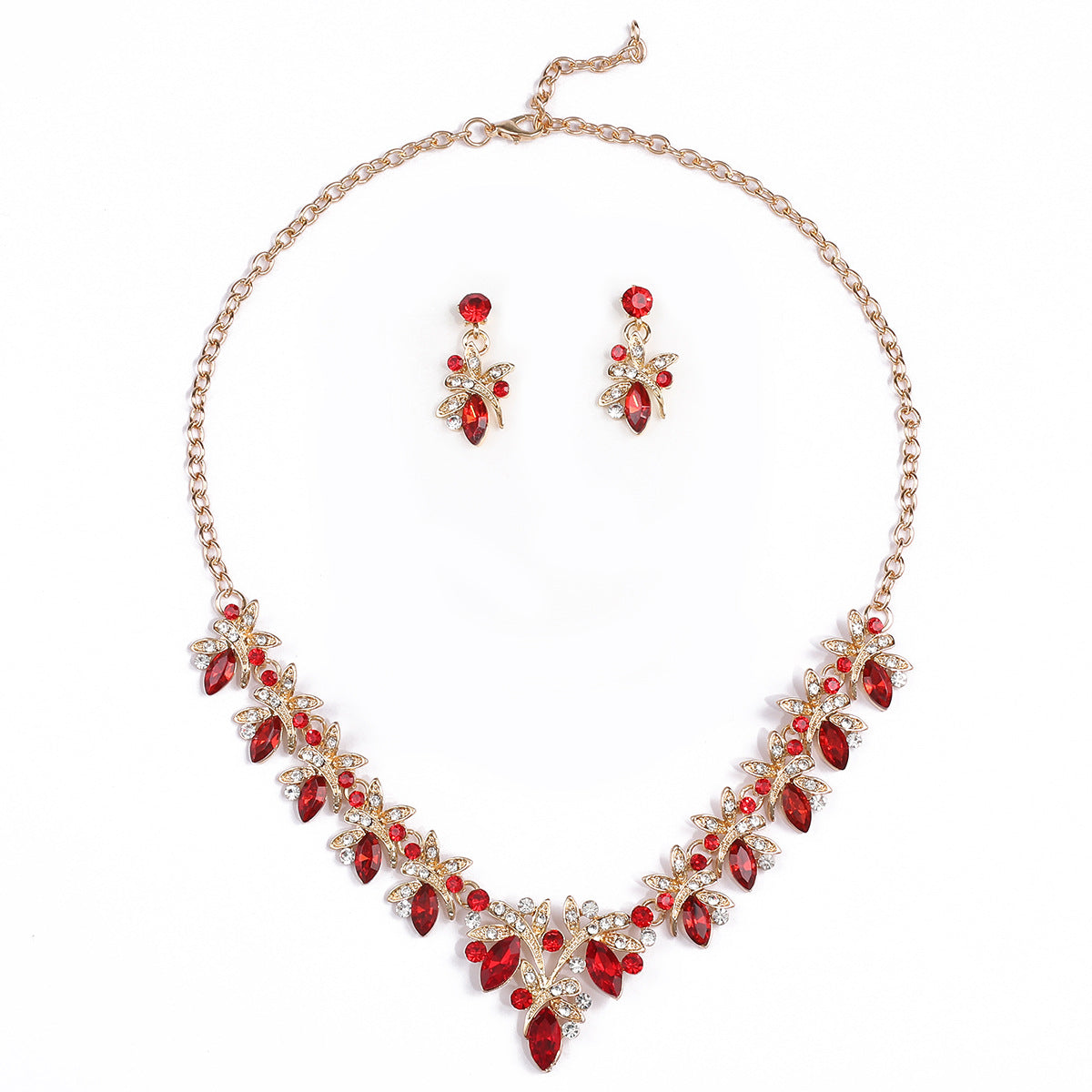Rustic Floral Style Dragonfly Pendant Necklace and Earrings Set in Alloy with Rhinestone Inlay and Gold Plating on O-Chain for Women