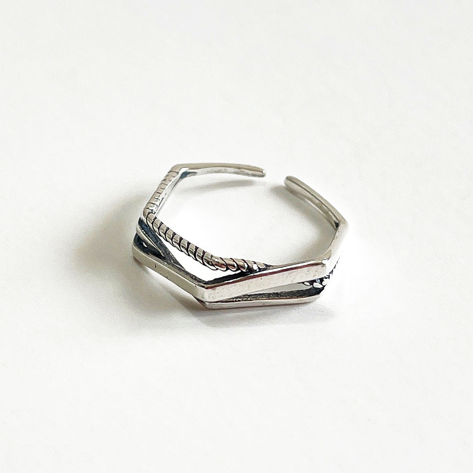 Anillo Corazón Geométrico Trenzado de Plata de Ley 925 Minimalista Vintage para Mujer