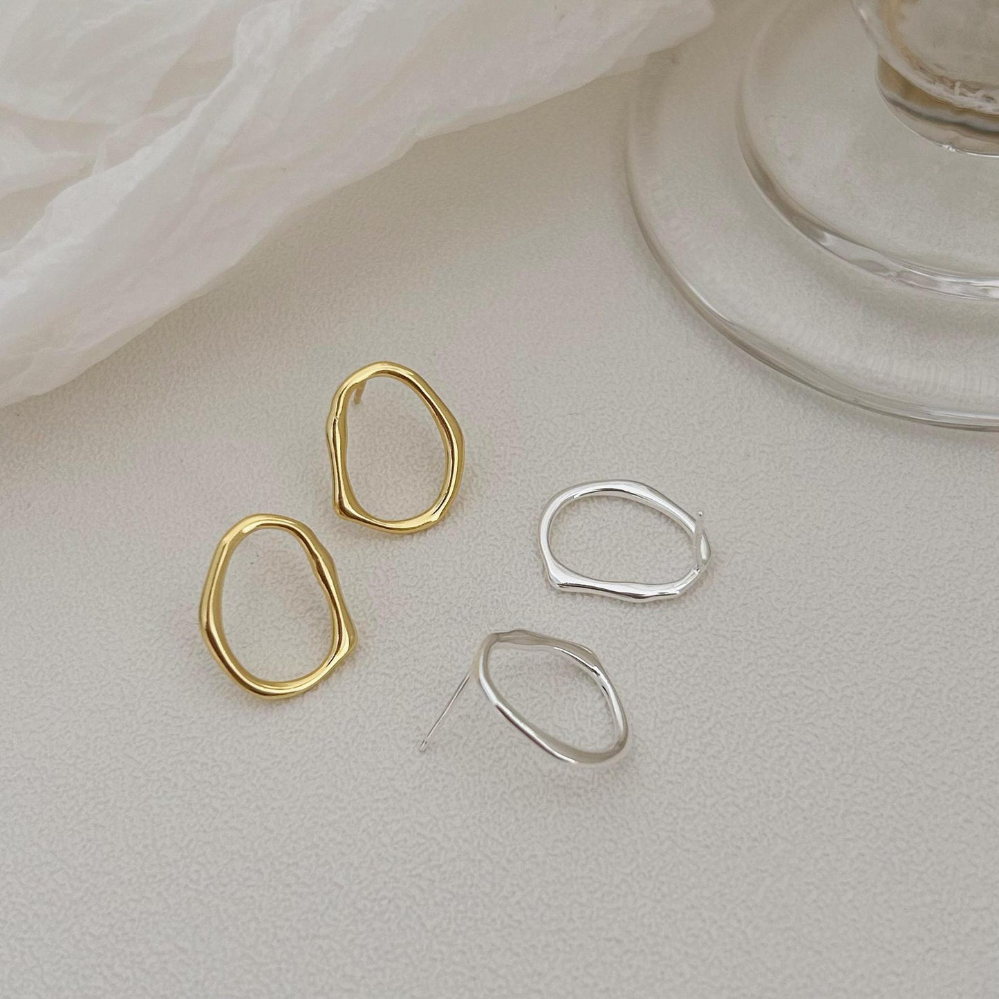 Natural Style Irregular Hollow-Out Drip-Shaped 925 Sterling Silver Stud Earrings with Pearl Inlay