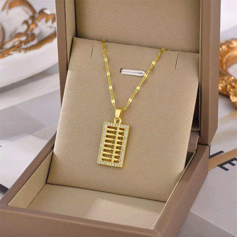 Minimalist Abacus-Shaped Titanium Steel Necklace with Micro-Pave Detailing for Women and Men, Delicate Clavicle Chain with Electroplated Finish