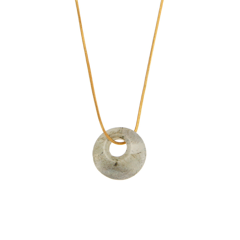 Minimalist Geometric Round Natural Stone Pendant Necklace in Stainless Steel with Plating Finish for Women