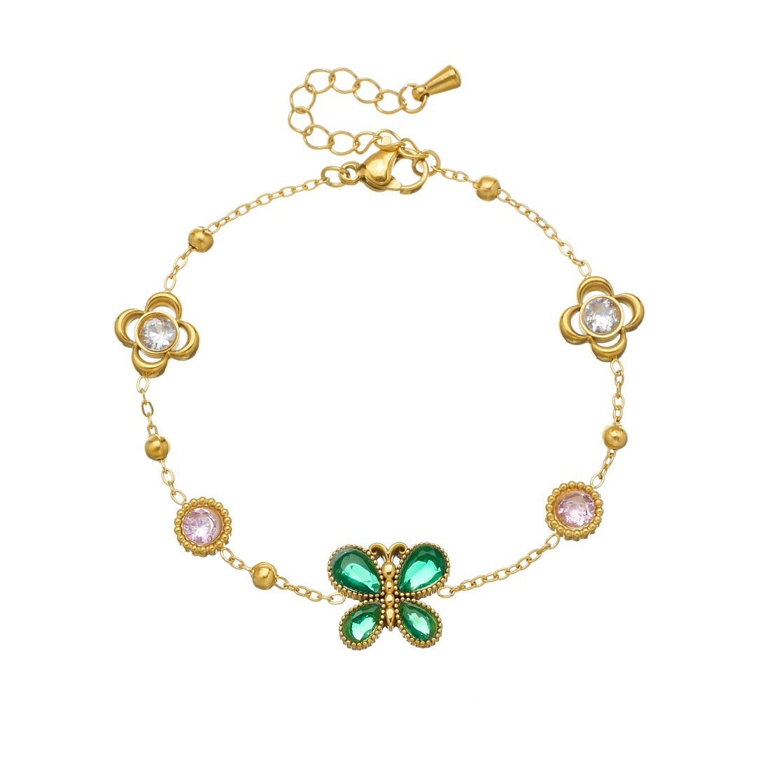 Gold Plated Stainless Steel Butterfly Flower Round Rhinestone Bracelet for Women