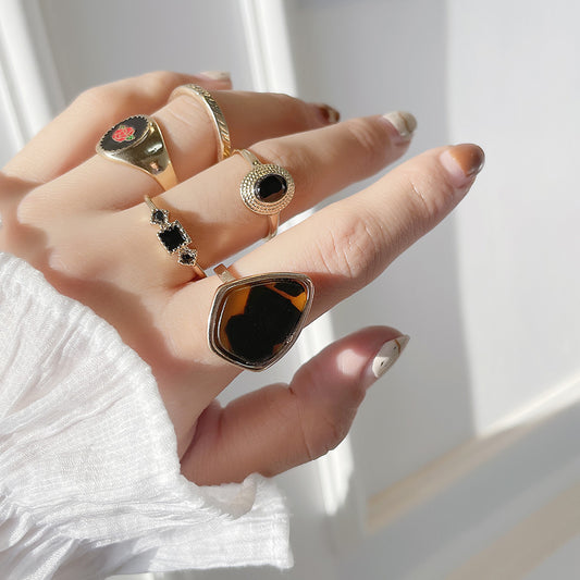 Sweet Geometric Leopard Print Floral Drip Oil Acrylic Alloy Ring Set