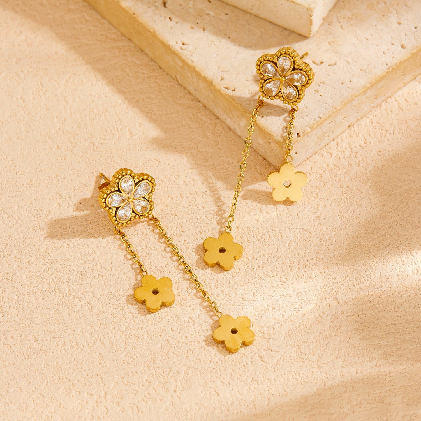 Minimalist Gold Plated Stainless Steel Floral Rhinestone Tassel Drop Earrings for Women