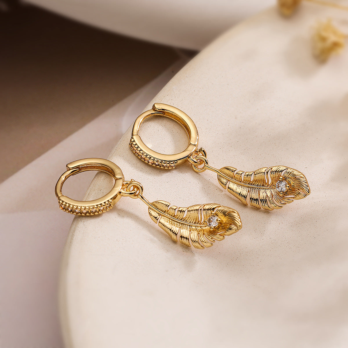 Minimalist Feather-Shaped Copper Pendant Earrings with Real Gold Plating and Zircon Inlay for Women