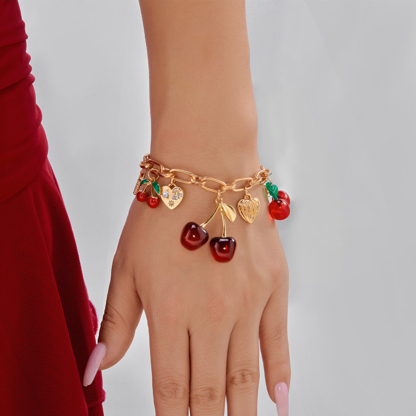 Drip Oil Plated Alloy Heart and Cherry Pendant Bracelet for Women