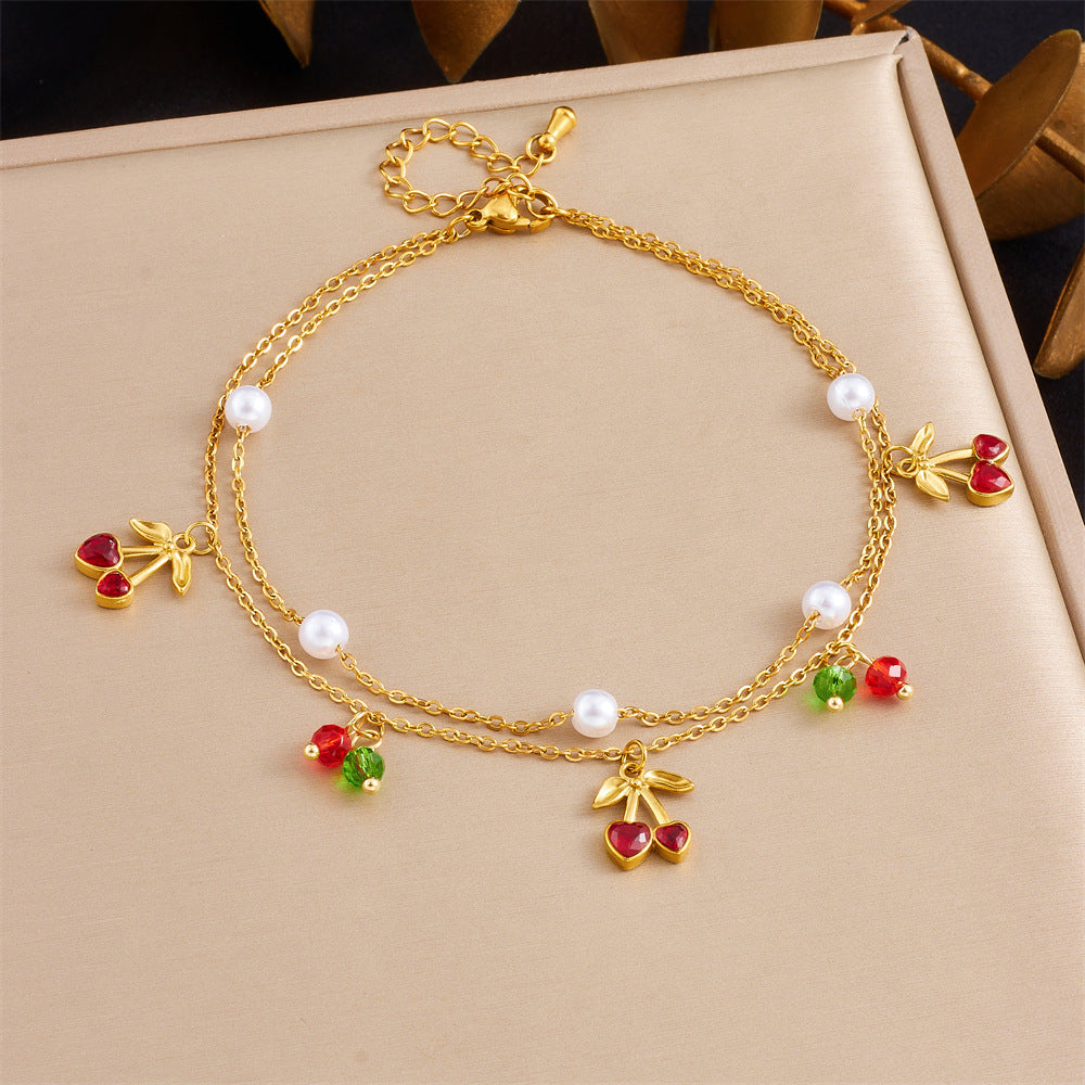 Double Layer Stainless Steel Anklet with Rhinestone Cherry Starfish Flower and Star Moon Charms for Women