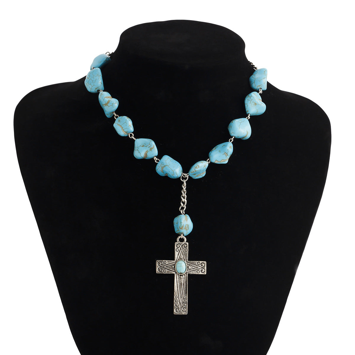 Collana da donna etnica vintage a croce irregolare turchese in metallo con finitura placcata e ciondolo geometrico