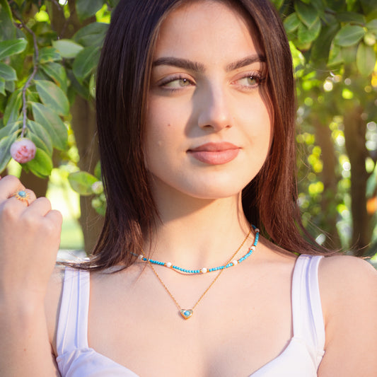 Fashion 18K Gold Plated Stainless Steel Heart Turquoise Beaded Pendant Necklace for Women