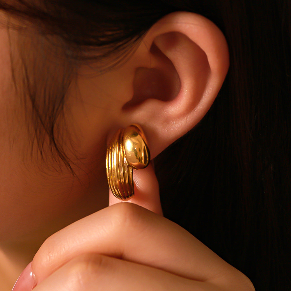 Vintage Geometric C-Shaped Threaded Earrings in 316 Stainless Steel with 18K Vacuum Plating for Women