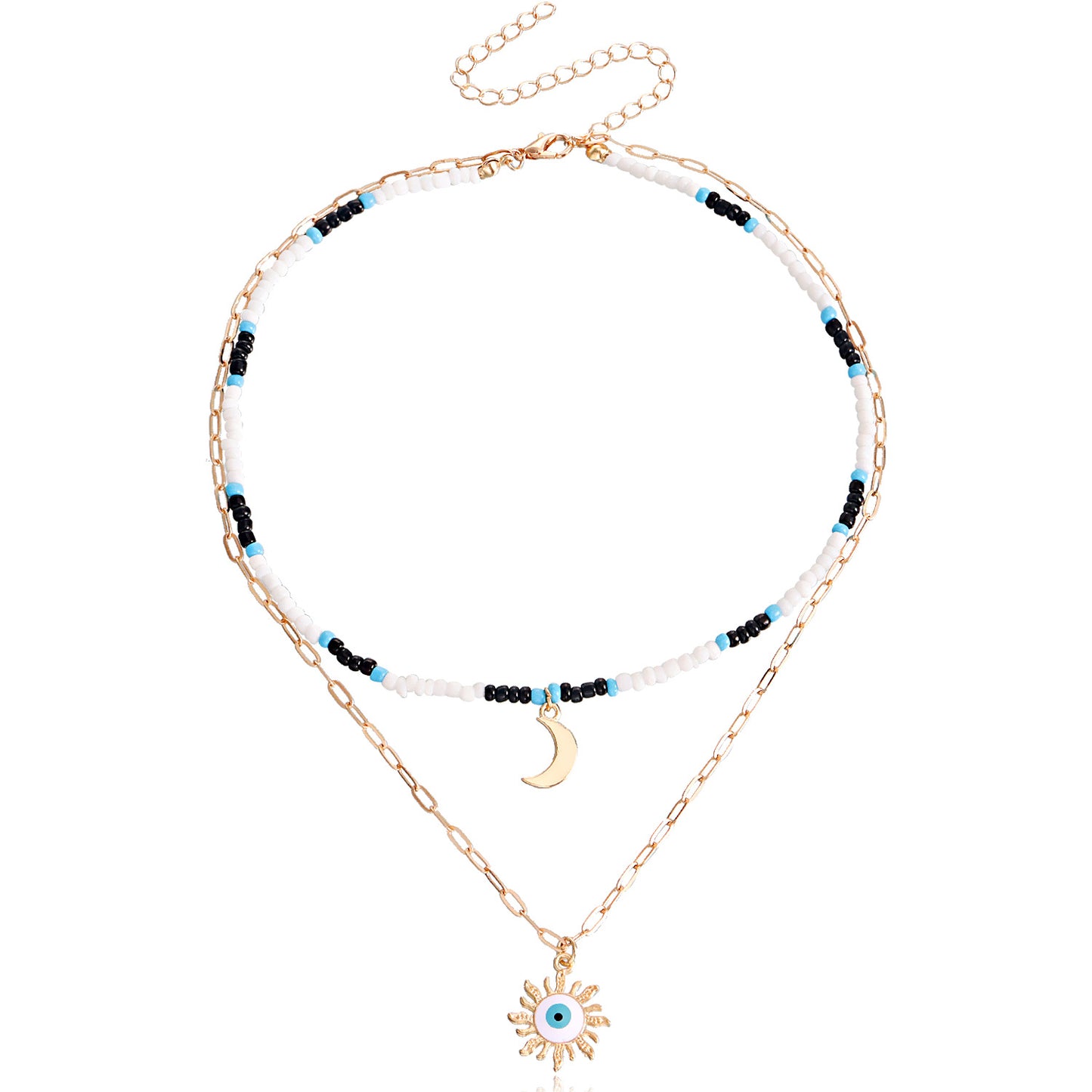 Bohemian Mixed-Color Miyu Moon and Evil Eye Pendant Necklace for Women with Alloy Construction and Electroplated Finish