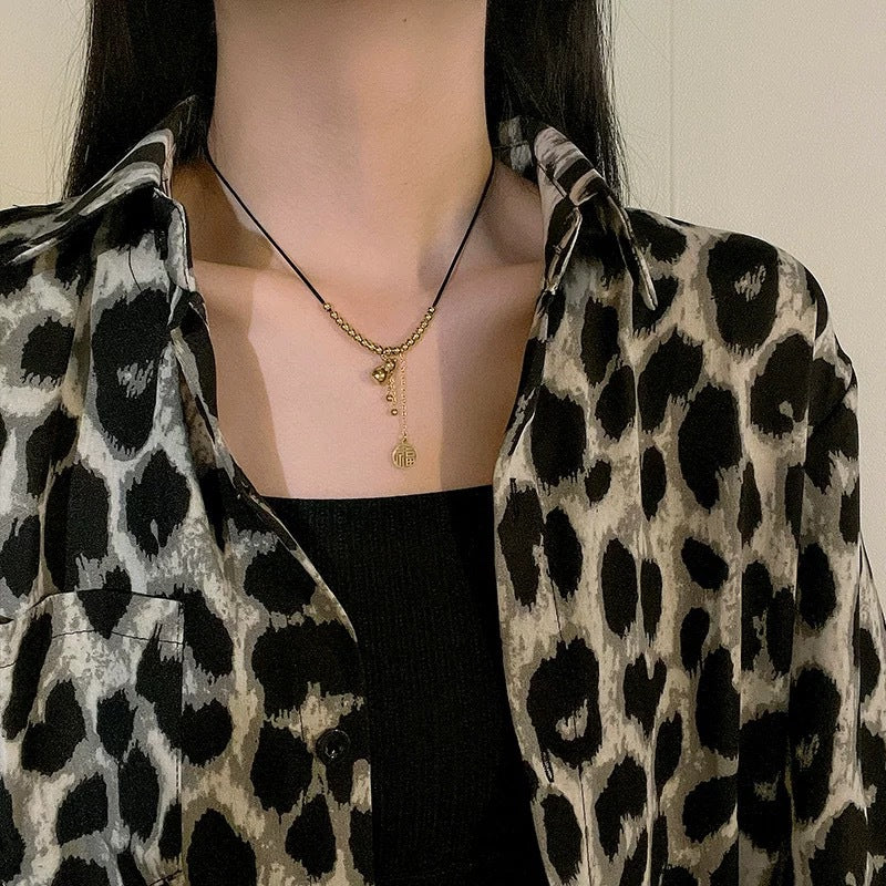 Minimalist Gold Plated Titanium Steel Fu Character Gourd Tassel Necklace for Unisex