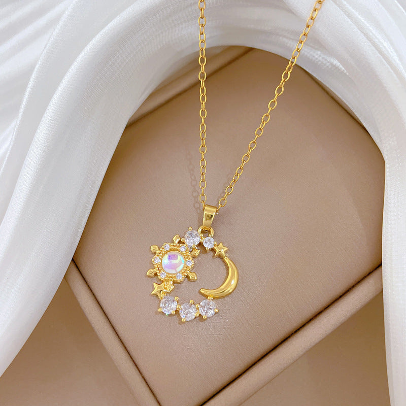 Sweet Minimalist Moon Star Geometric Rhinestone Titanium Steel Necklace for Unisex