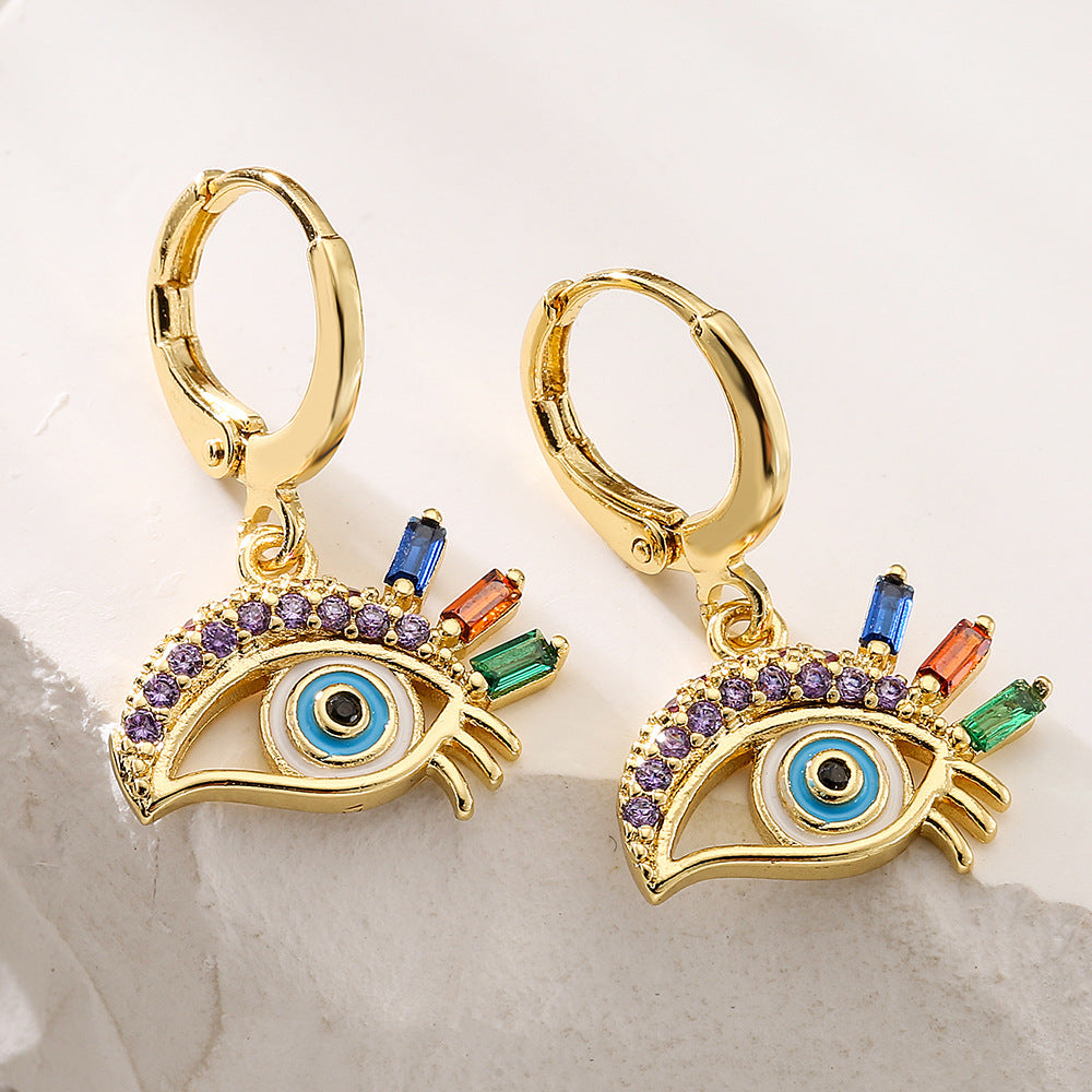 Orecchini Pendenti Geometrici Creativi in Rame con Placcatura in Oro 18K, Zirconia Micro-Incastonata, Design a Occhio Smaltato da Donna