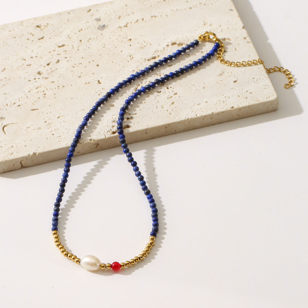 Minimalist Fashionable Natural Lapis Lazuli and Freshwater Pearl Beaded Necklace for Women with Geometric Round Bead Chain