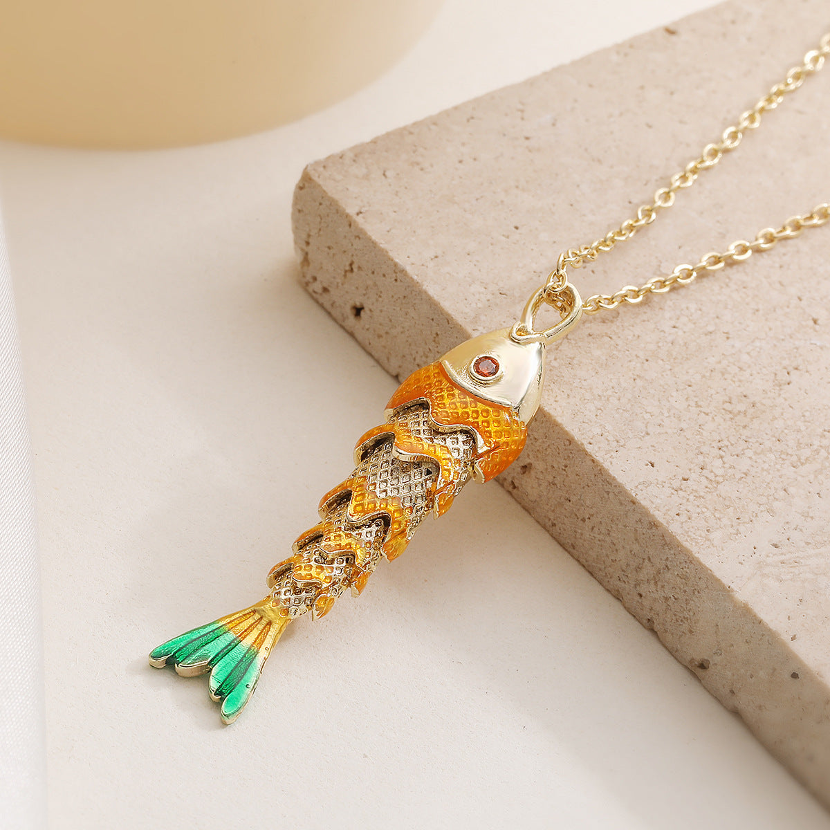 Minimalist 18K Gold Plated Brass Geometric Cubic Zirconia Koi Pendant Necklace for Women