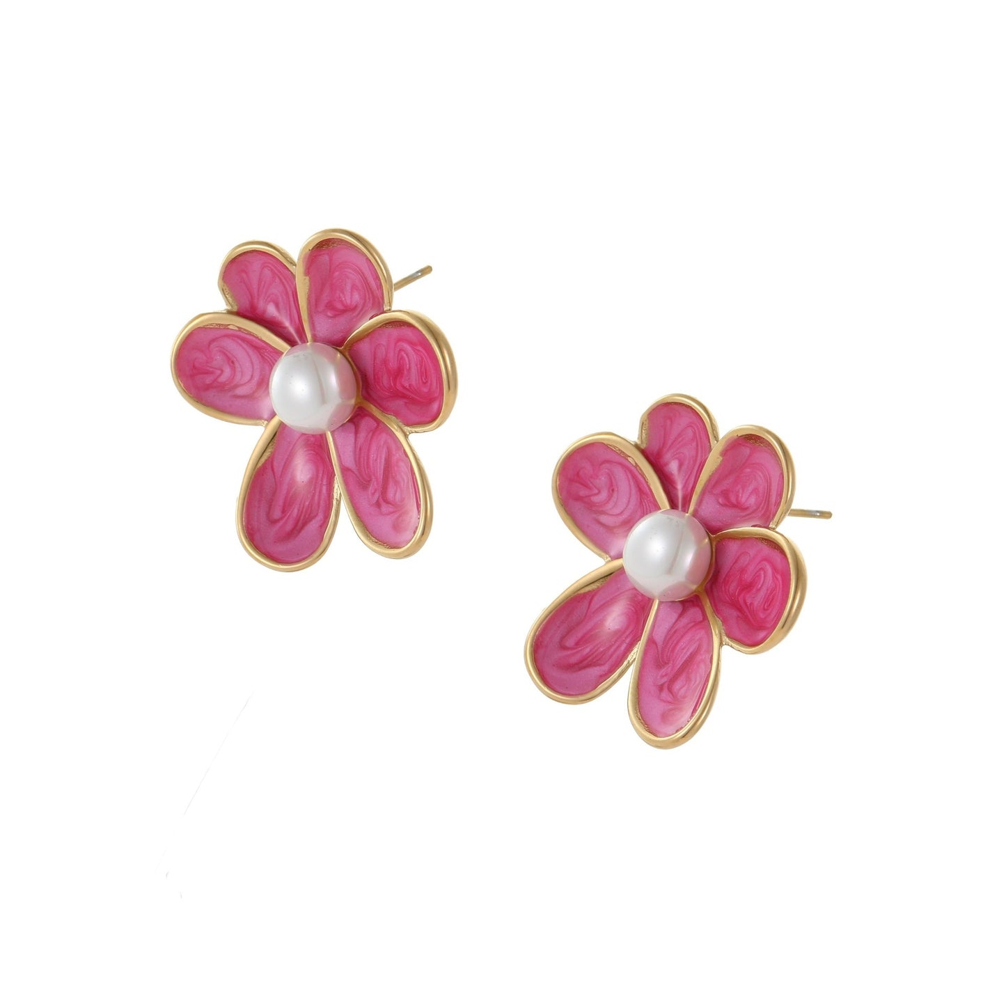 Vintage Floral Stainless Steel Earrings with Enamel Coloring and Pearl Inlay for Women