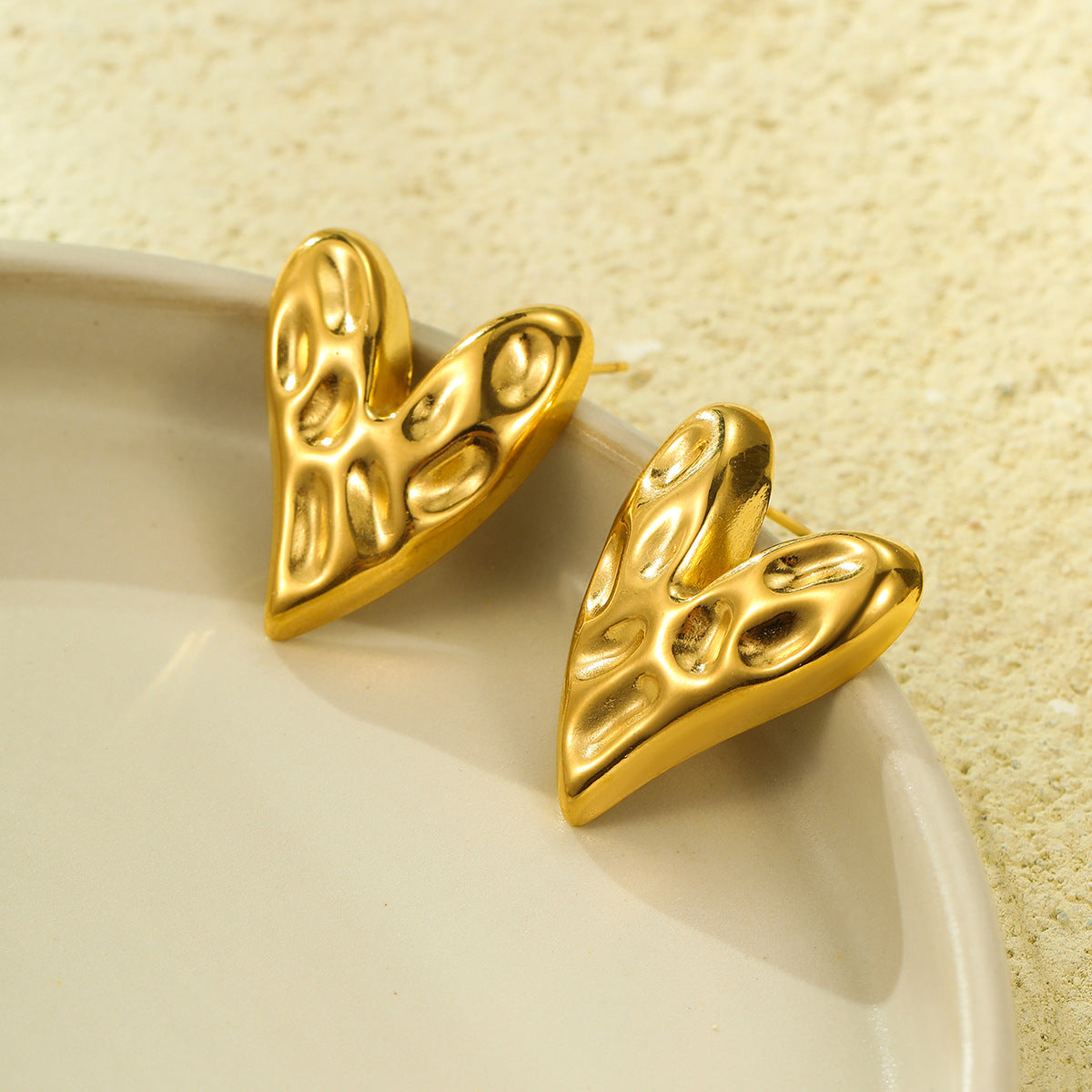 Irregular Heart Texture Titanium Steel Stud Earrings for Women with Plated Finish and Fashionable Retro Design