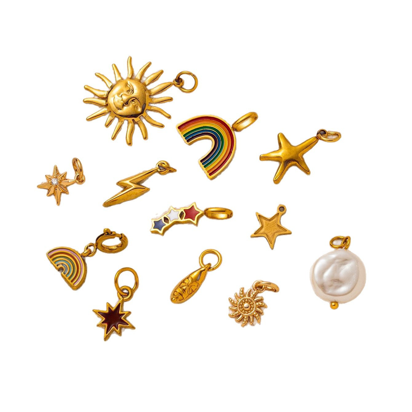 Vintage 18K Gold Plated Stainless Steel Star Sun Charm Bar for Women