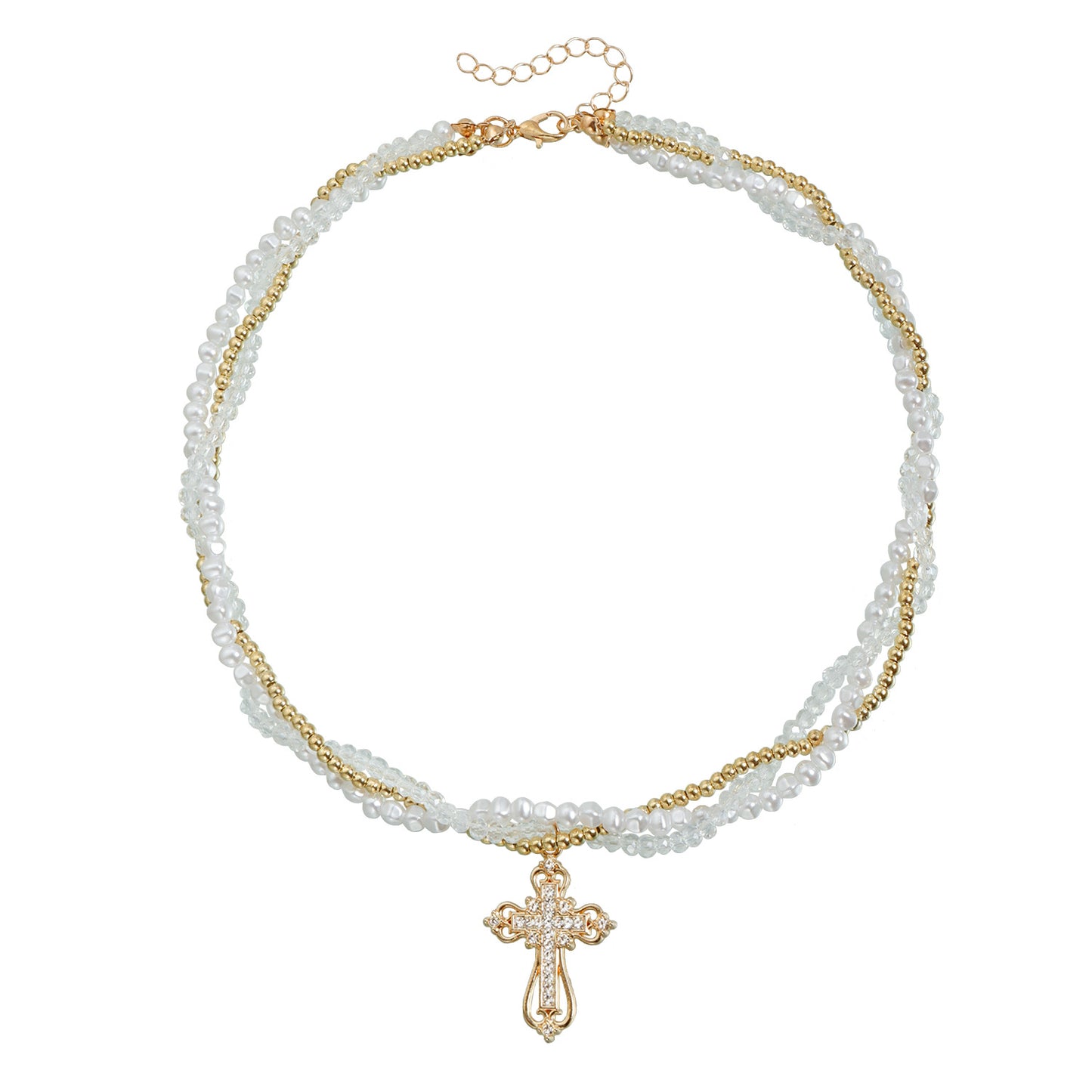 Geometric Cross Rhinestone Inlay Alloy Rope Chain Necklace for Women