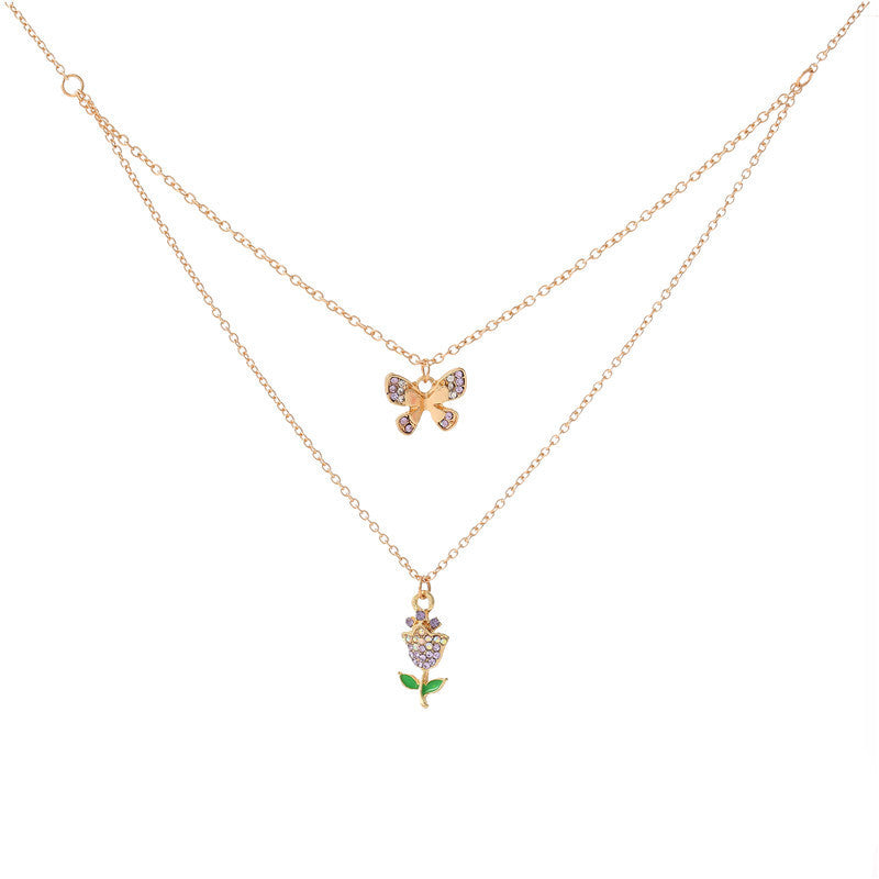 Elegante Collana con Ciondolo a Farfalla e Rosa Floreale per Bambini, Collana Multistrato in Lega con Intarsio di Strass e Catena a Croce
