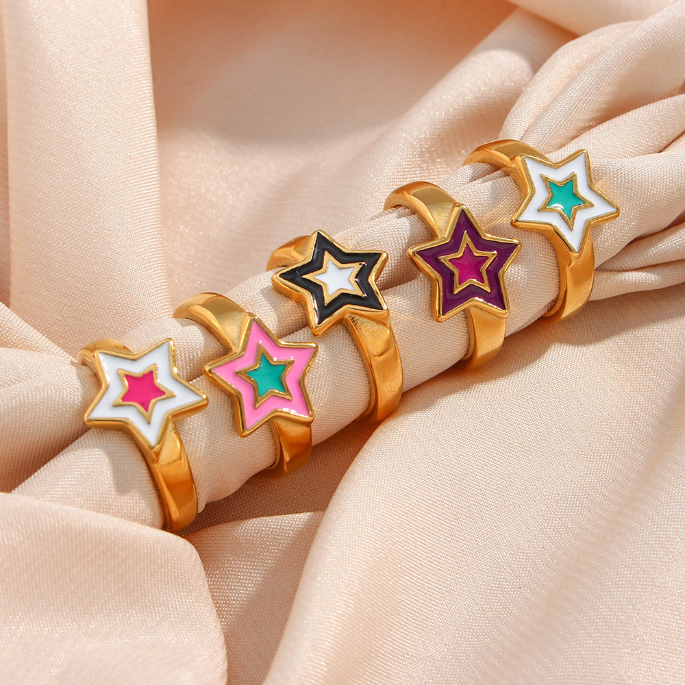 Minimalist Bohemian Star-Shaped Stainless Steel Ring for Women with Enamel Finish and Geometric Design