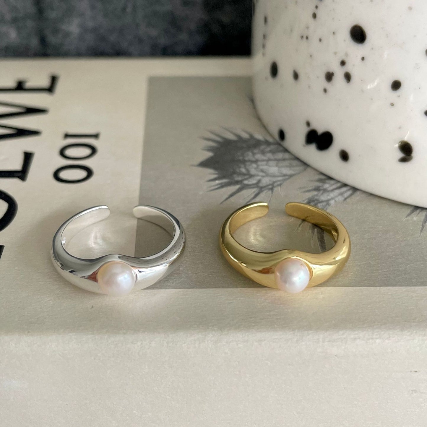 Geometric 925 Sterling Silver Plated Ring with Pearl for Women