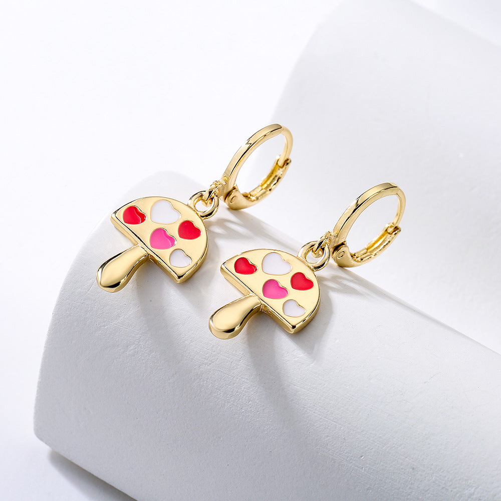Minimalist Mushroom-Shaped Earrings for Women Made of Copper with Gold Plating and Enamel Finish