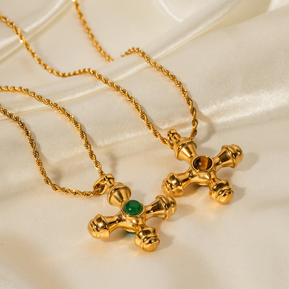 Fashionable 18K Gold Plated Stainless Steel Cross Necklace with Tiger Eye Pendant for Women