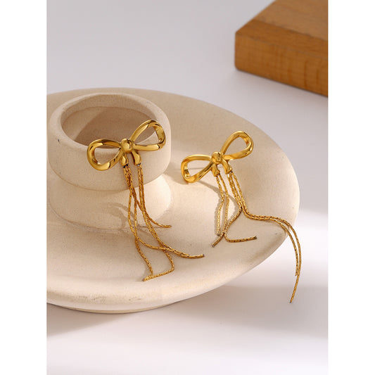 18K Gold Plated Stainless Steel Bow Earrings with Tassel