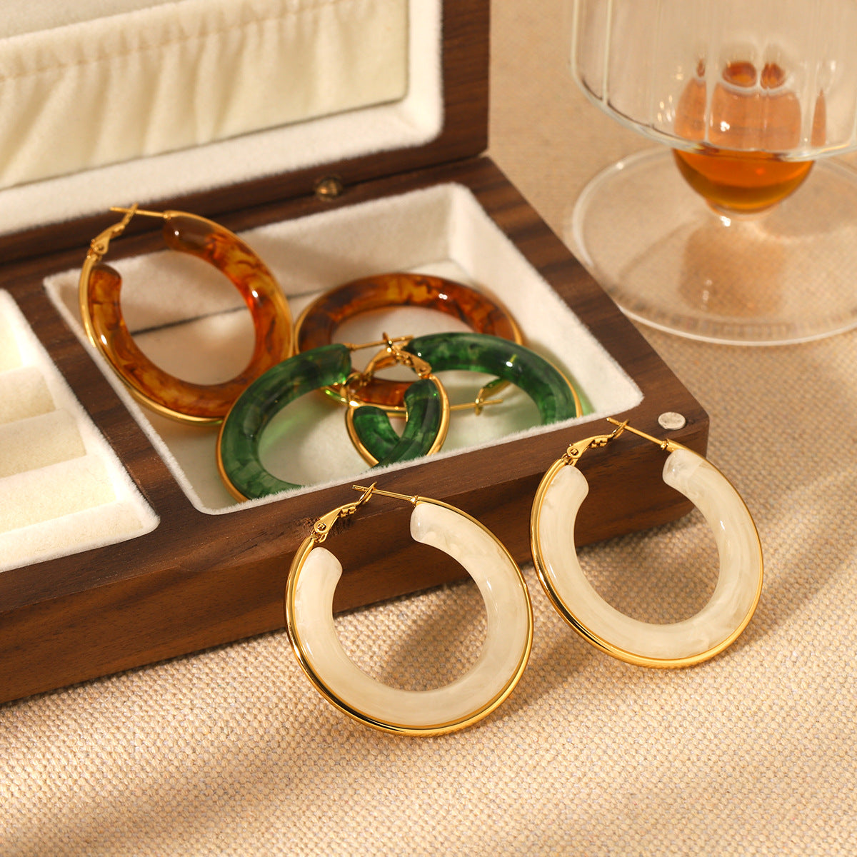 Vintage French Style Geometric Stainless Steel Plated Hoop Earrings for Women with Resin Accents