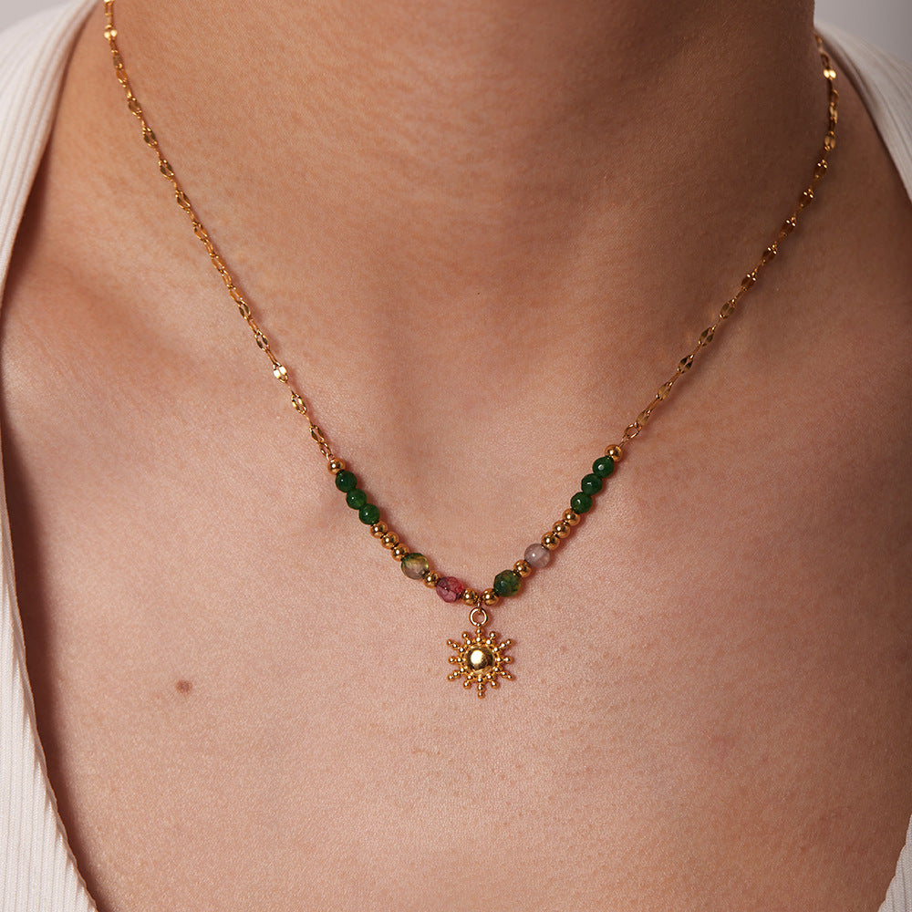 Collana con pendente geometrico a forma di sole in acciaio inossidabile placcato oro 18 carati, stile vintage francese, da donna